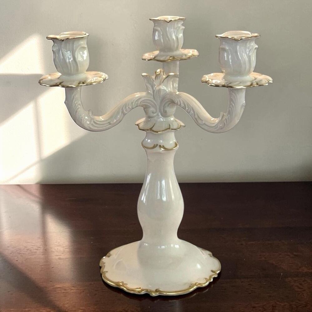 Vintage Hutschenreuther Selb 3 Branch Candelabra White Porcelain Gold Gild 1960s